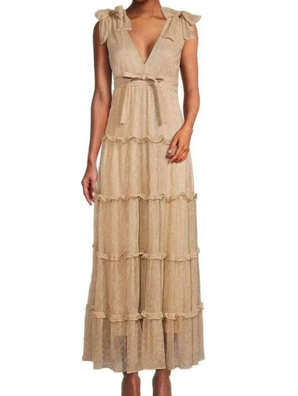 A Loves A Gold Shimmer Metallic Tiered Maxi Dress Tie Waist Romantic